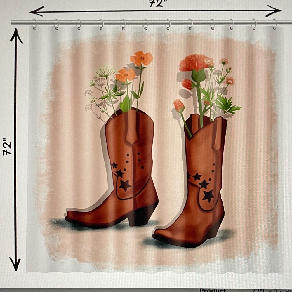 Western Floral Boot Shower Curtain • Rustic Country Bathroom Accent • NWT